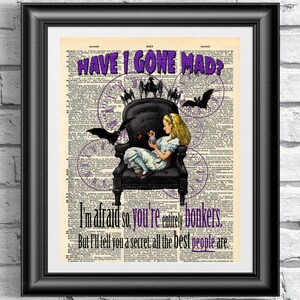 Dictionary art print on antique book page. Vintage artwork Alice in Wonderland, artwork. Art dictionary print. Wall art gothic media. Gift
