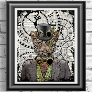 Leopard Poster Print, Steampunk Leopard Wall art, Top Hat and Goggles Wall Decor
