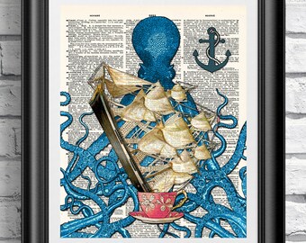 Blue Octopus Art Print on Antique Dictionary Page