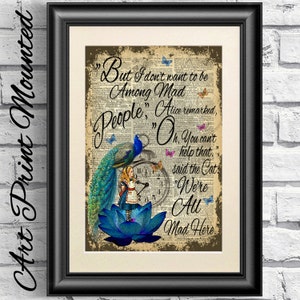 Alice in Wonderland Print, Blue Peacock, Dictionary Book Page Alice, Mad People Quote, Butterflies Print, Wall Decor