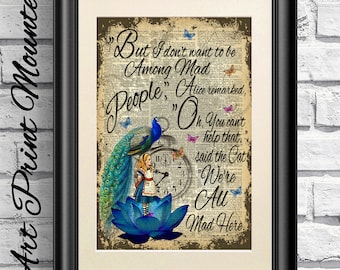 Alice in Wonderland Art Print, Blue Peacock, Antique Dictionary Page