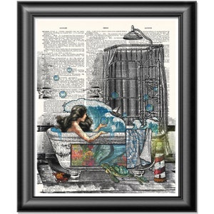 Mermaid Bathtime Art Print: Vintage Dictionary Page Bathroom Decor