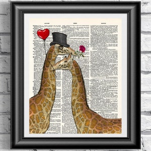 Giraffes in love, dictionary art print, old book page wall decor on mixed media antique dictionary book page. Wall art animals dandy giraffe