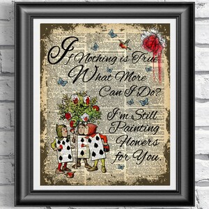 Alice in Wonderland Art Print, Painting Roses, Antique Dictionary Page
