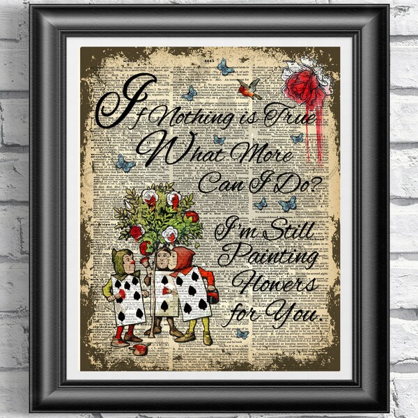 Alice in Wonderland Art Print, Painting Roses, Antique Dictionary Page