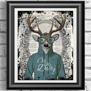 Página do dicionário Deer Print, ilustração de impressão de arte hipster animal fashion azul com capuz veado pôster arte. Decoração de parede, mídia mista página antiga.