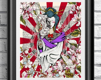Tattooed Japanese Geisha, Dictionary book page Poster, Unique gift idea