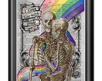 LGBTQ+ Art Print celebrating Love, Dictionary art, Gothic Skeletons I love you with Pride, Gay Pride