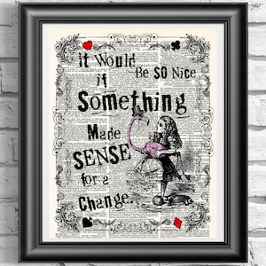 Alice in Wonderland and the Flamingo, Book Page Art Poster, Unique gift Dictionary