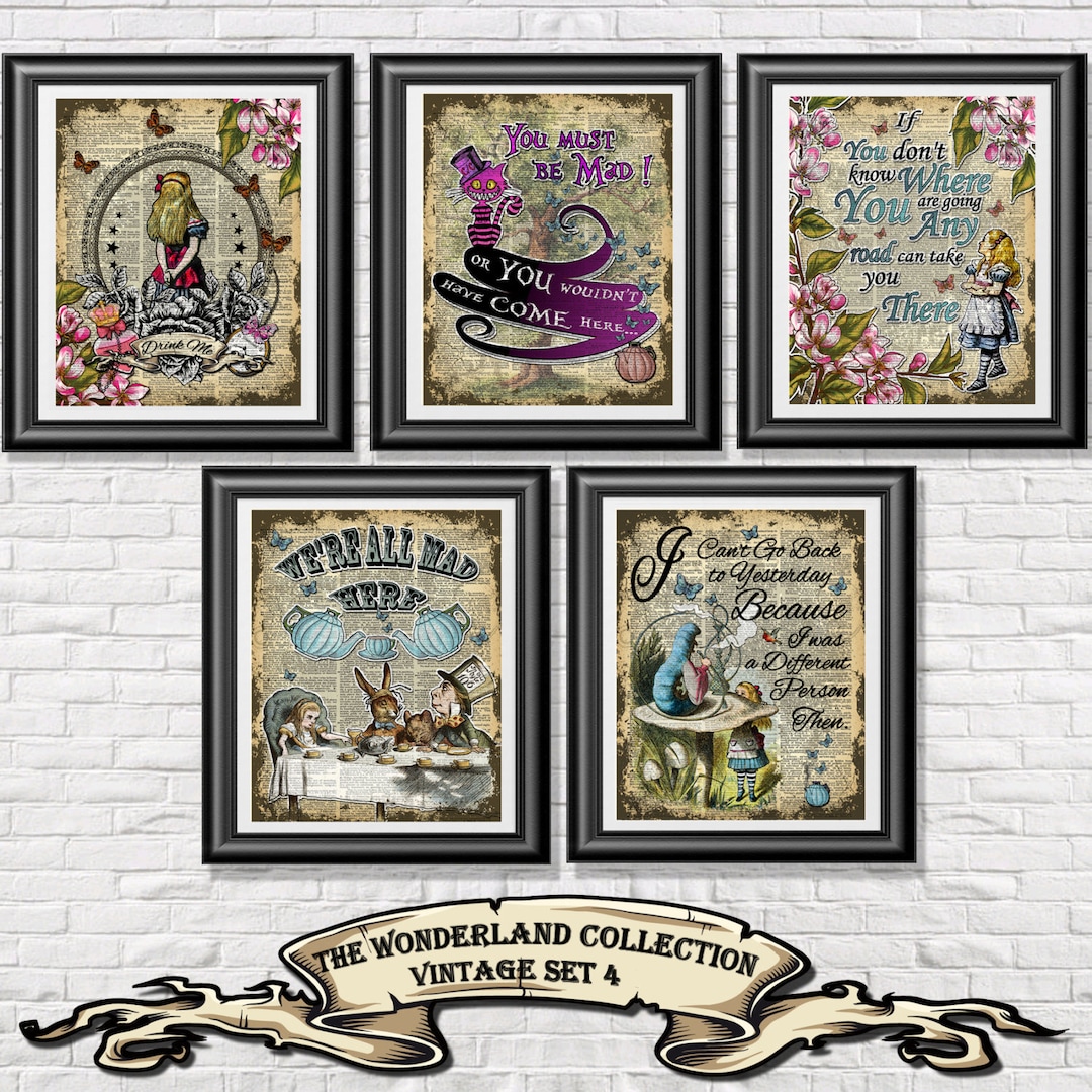 Wall Art Print Alice in Wonderland Set of 5 Wall Decor on Antique Dictionary Book Pages Nursery