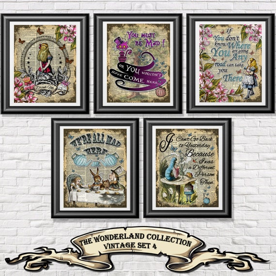 Wall Art Print Alice in Wonderland Set of 5 Wall Decor on Antique  Dictionary Book Pages Nursery Gift Wedding Gift Farmhouse Decor 