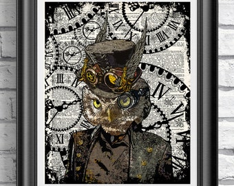 Steampunk Owl Art Print: Antique Dictionary Page Wall Decor