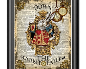 Alice in Wonderland wall art, Dictionary art Print, White Rabbit Down the Rabbit Hole quote