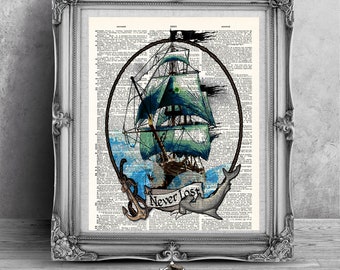 Pirate Ship Art Print, Antique Dictionary Page, Nautical Wall Art