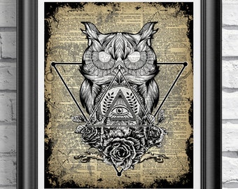 Impresión de brujería wiccan, impresión de búho en página de libro de diccionario antiguo, decoración pagana wicca, decoración esotérica de Halloween, regalo pagano de aquelarre, magia