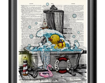 Rubber ducks Print, Pirate print, Dictionary art print, Bathtime, Vintage book art print, Bathroom wall decor, Bathroom Decor, Gift poster