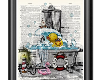 Impressão de patos de borracha, impressão de pirata, impressão de arte de dicionário, hora do banho, impressão de arte de livro vintage, decoração de parede de banheiro, decoração de banheiro, pôster de presente