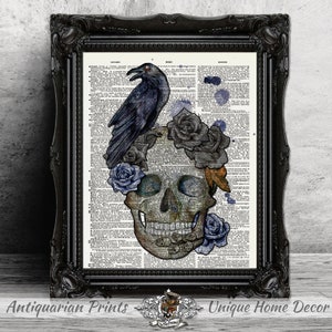 Impresión artística de calavera y cuervo, decoración gótica para el hogar, impresión artística en página de libro de diccionario antiguo, impresión de póster de rosas negras, arte de calaveras