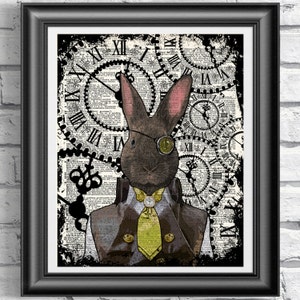 Steampunk Art Print, Steampunk Rabbit Art Book Page Wall Art Wall Decor Poster Hipster Animal