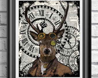 ANIMAL PRINT ANTIQUE VINTAGE DICTIONARY PAGE FOX HARE STAG LION STEAMPUNK ART 