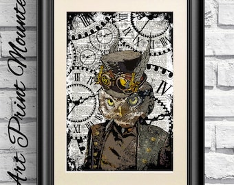 Dandy Owl Print, Steampunk vintage hispter animal artwork. Art print on antique dictionary book page Steam punk Owl, Wall decor
