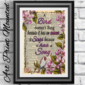 Original art print on antique dictionary book page Mounted. Inspirational quotation artwork Bird and flowers wall decor. Antique book page.