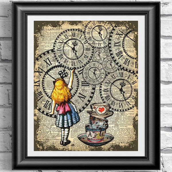 Dictionary book page print Alice in Wonderland catching the clock. Art print on old book page published in 1889 Wall decor artwork.