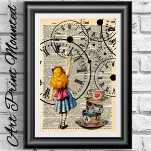 May include: Alice in Wonderland themed art print featuring a vintage book page background with a black and white illustration of Alice reaching for a clock. The print also includes a stack of teacups with a heart design.