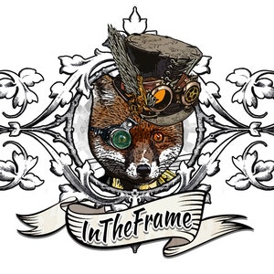 May include: A stylised illustration of a fox wearing a steampunk-inspired hat and goggles. The fox is framed in an ornate, silver-coloured frame with a banner that reads "In The Frame".