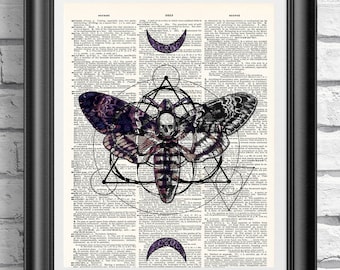 Death Moth art print, Poster print on dictionary book page, Gothic wall art, Tattoo design, Skull and Moon
