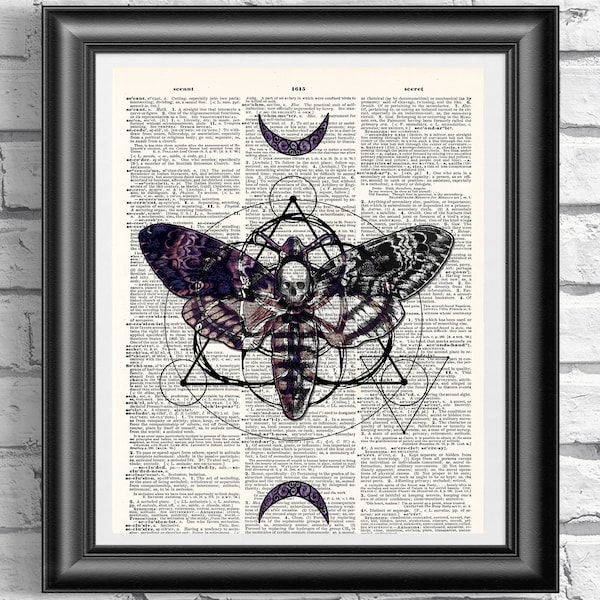 Impression d’art Death Moth, Impression d’affiche sur la page du livre du dictionnaire, Art mural gothique, Conception de tatouage, Crâne et Lune