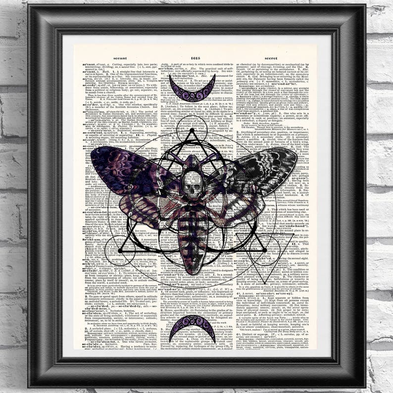 Death Moth art print, Poster print on dictionary book page, Gothic wall art, Tattoo design, Skull and Moon 