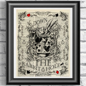 White Rabbit Print, Alice in Wonderland Print, Vintage book page art, Alice poster art, Mixed-media print, Wedding print, Home decor