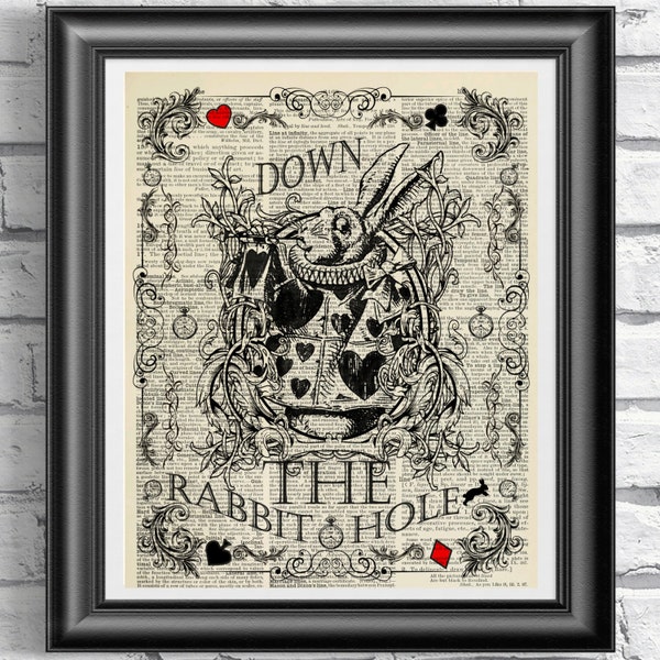 White Rabbit Print, Alice in Wonderland Print, Vintage book page art, Alice poster art, Mixed-media print, Wedding print, Home decor