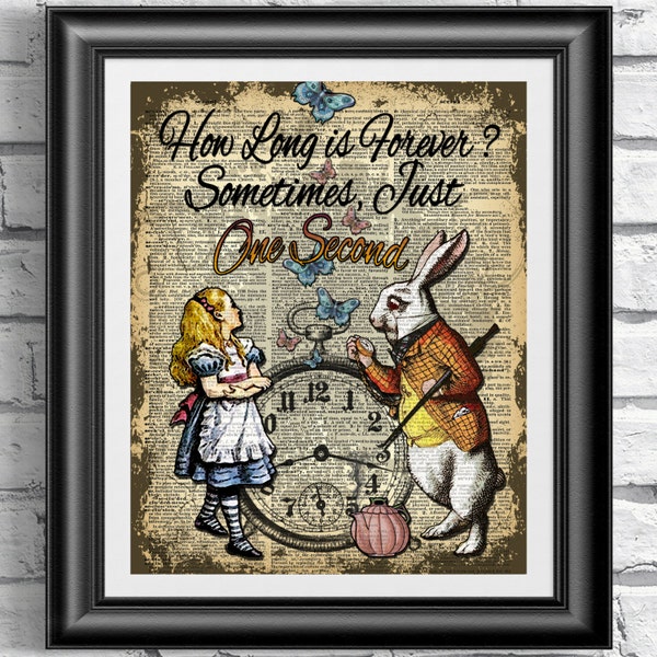 Art print on dictionary book page Alice in Wonderland. White Rabbit printed on an antique sheet. Upcycled wall hanging. Nursery artwork.