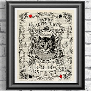 Chesire Cat Print, Alice in Wonderland Print, Vintage book page art, Alice poster art, Mixed-media print, Wedding print, Home decor