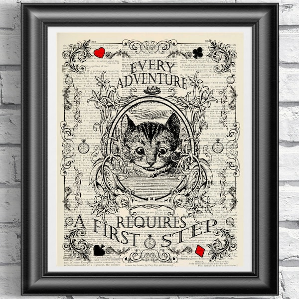 Chesire Cat Print, Alice in Wonderland Print, Vintage book page art, Alice poster art, Mixed-media print, Wedding print, Home decor