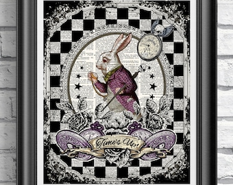 Alice in Wonderland White Rabbit Art Print on Antique Dictionary Page