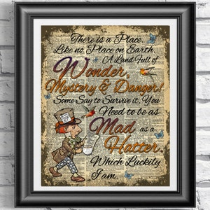 Alice in wonderland book page print, Mad Hatter Print, Wonderland Poster Print, Wall decor, Dictionary