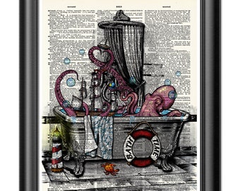 Octopus Print, Dictionary art print, Bathtime, Vintage book art print, Bathroom wall decor, Bathroom Decor, Gift poster