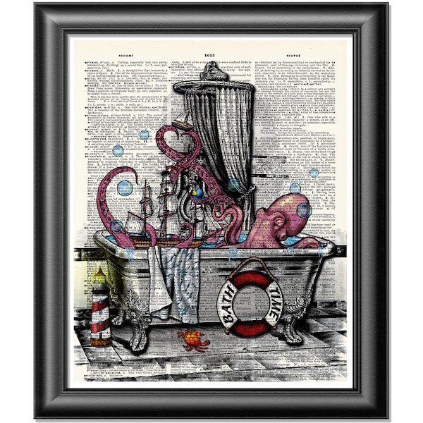 Octopus Print, Dictionary art print, Bathtime, Vintage book art print, Bathroom wall decor, Bathroom Decor, Gift poster