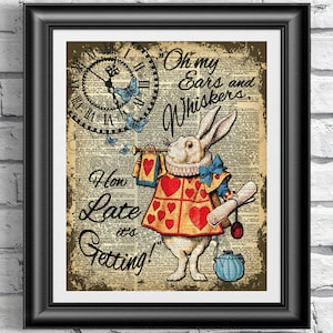 Alice in Wonderland Print, White Rabbit Print, Nursery Decor on Dictionary Book Page, Gift Idea Home Decor