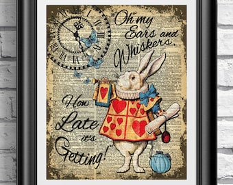 Alice in Wonderland Print: White Rabbit on Antique Dictionary Page