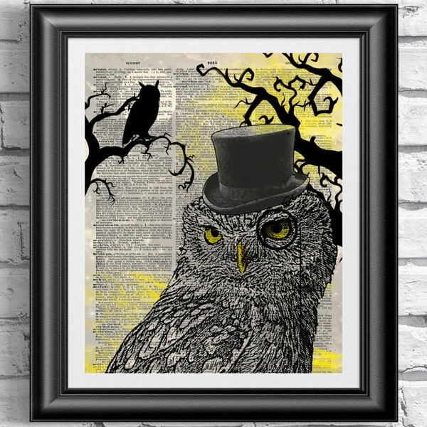 Steampunk Owl Art Print, Dandy Bird on Antique Dictionary Page