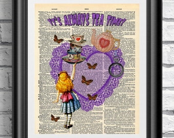 Alice in Wonderland dictionary book page print. Artwork it's always tea time printed on vintage book page. Red or purple heart wall hanging.
