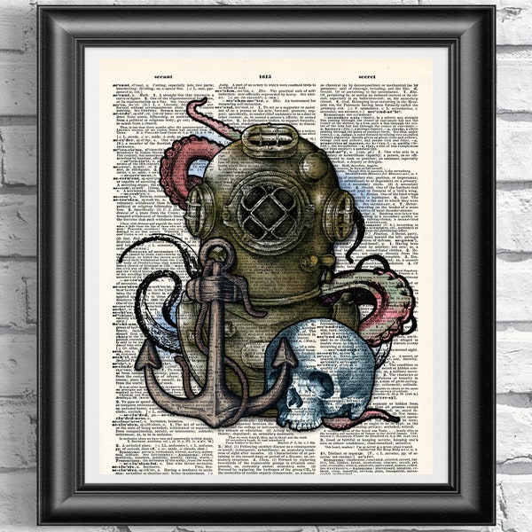 Diving Helmet Print, Dictionary book page print, Wall decor Print, Wall art, Nautical art, Bathroom decor, Octopus Print, Skull Print Anchor