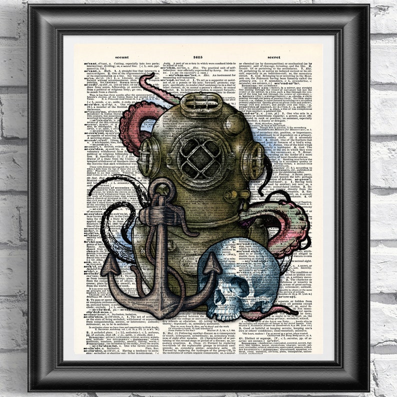 May include: A vintage illustration of a diving helmet, anchor, and skull with an octopus tentacle wrapped around the helmet. The illustration is printed on a page from an old dictionary with the word "SOILS" at the top of the page.