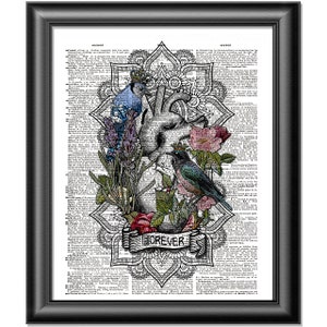 Mandala wall art on antique dictionary book art, Birds Love Forever Art Print, Birds Wall decor, Gift for Lovers