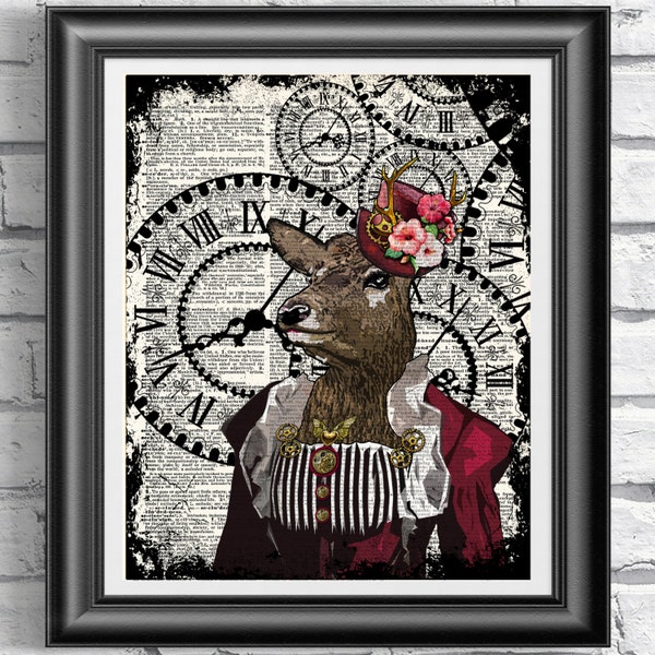 Steampunk Doe poster Animal print, Vintage home decor, Dictionary print Stag, Funky Animal Print, Steam punk Art Print