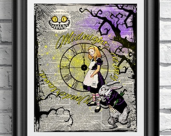 Gothic Alice in Wonderland Midnight in my Wonderland print on antique dictionary book page. Gothic Steampunk Alice White Rabbit Cheshire cat